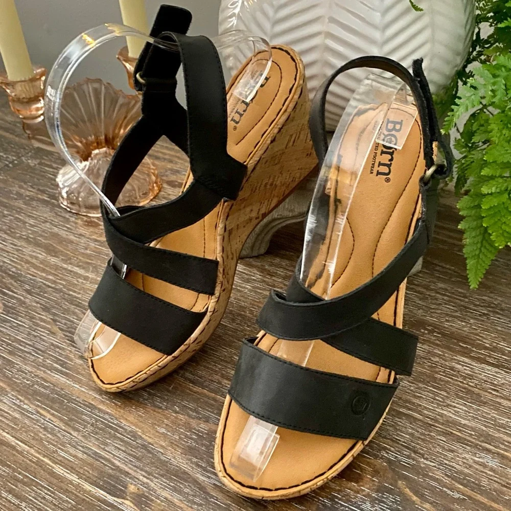 Born Black Leather Slingback Cork Wedge Sandals